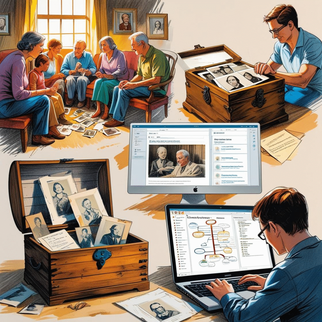 obrazek pokazujący etapy w badaniach genealogicznych