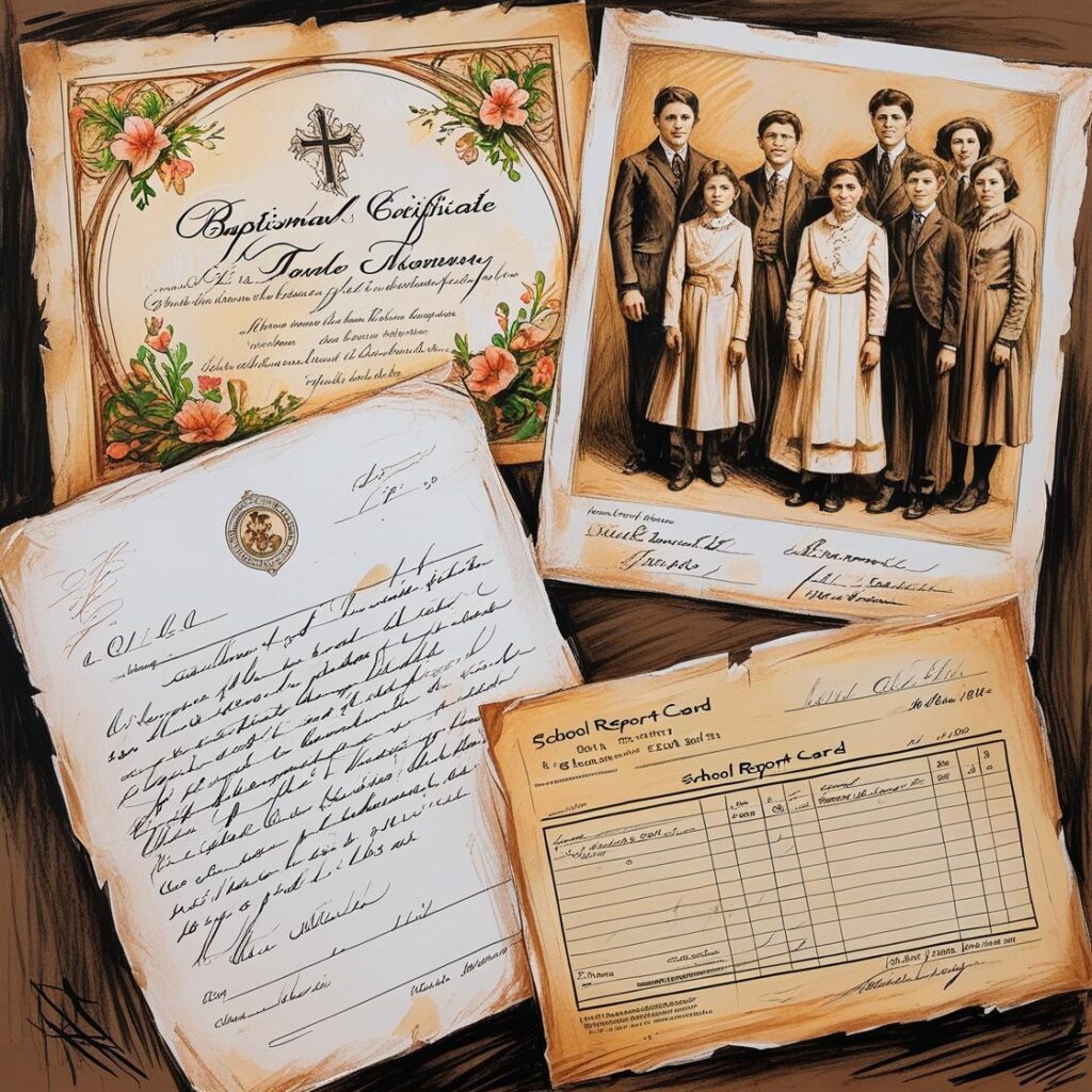 Kolaż starych dokumentów genealogicznych
