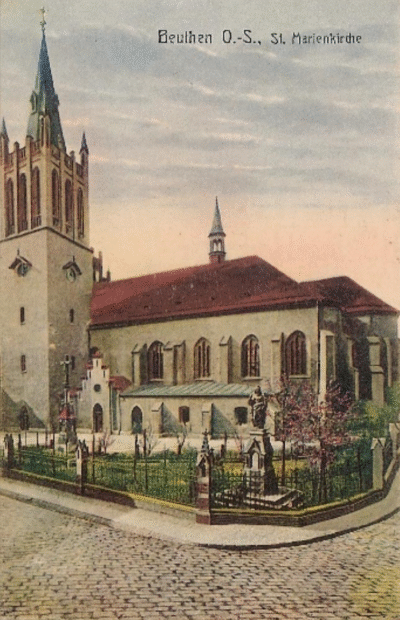 Beuthen O.S., St. Marienkirche – archiwalna pocztówka przedstawiająca kościół Mariacki w Bytomiu