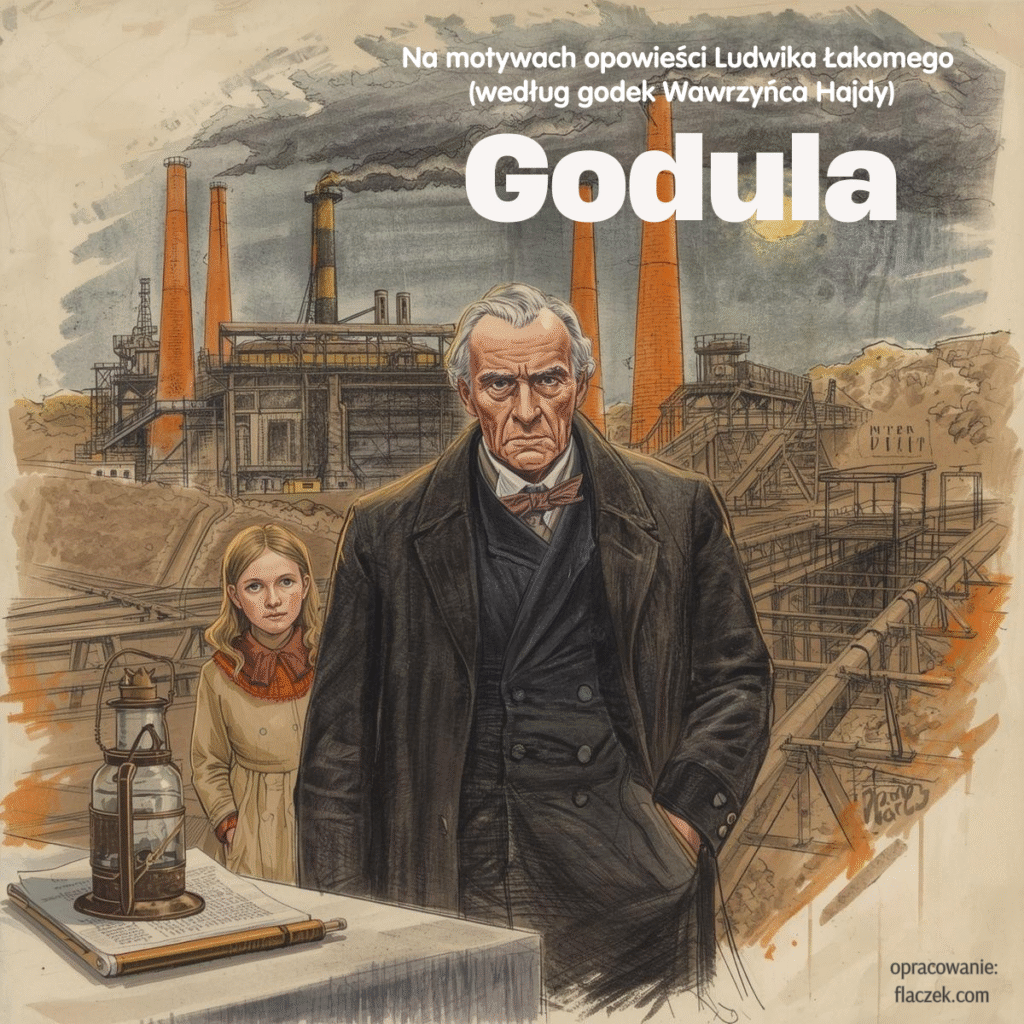 Karol Godula i Joanna Gryzik na tle XIX-wiecznej huty cynku na Górnym Śląsku – ilustracja w stylu sepii, inspirowana opowieścią Ludwika Łakomego według godek Wawrzyńca Hajdy.