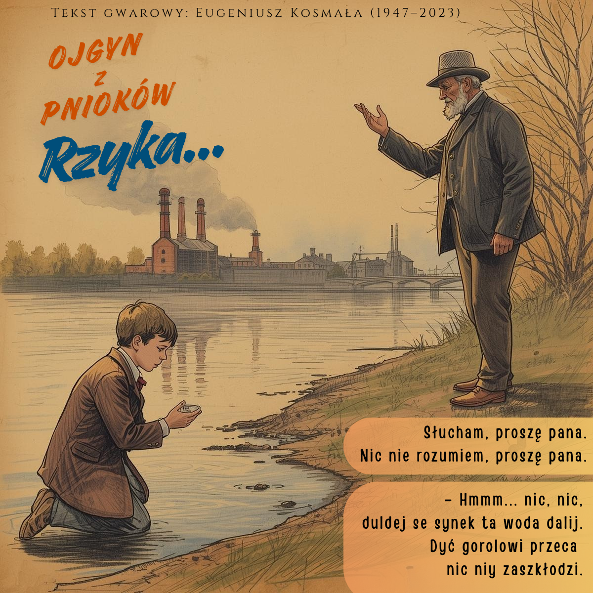 Bajtel klęczy przy rzece Brynicy i pije wodę; Starzik gestem go ostrzega — ilustracja do ‘Rzyki’ Ojgyna z Pnioków.