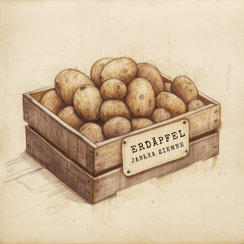 Skrzynka ziemniaków z etykietą „Erdäpfel – jabłka ziemne”; dawna nazwa ziemniaków pochodząca z języka niemieckiego