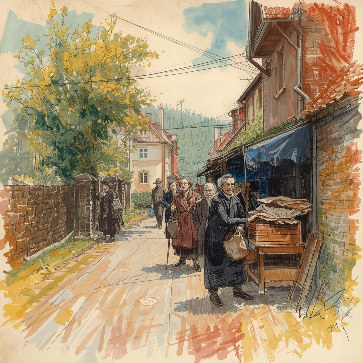 Ilustracja śląskiej ulicy z początku XX wieku – mieszkańcy idą między ceglastymi kamienicami, tło do opowieści o Górnym Śląsku i III Powstaniu Śląskim