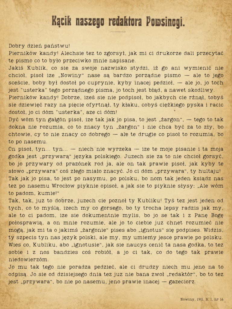 Pełny tekst „Kącika redaktora Powsinogi” (Nowiny, 1911) w stylu starej gazety