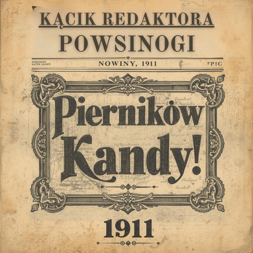 Okładka w stylu starej gazety: „Kącik redaktora Powsinogi” (Nowiny, 1911) z napisem „Pierników kandy!”