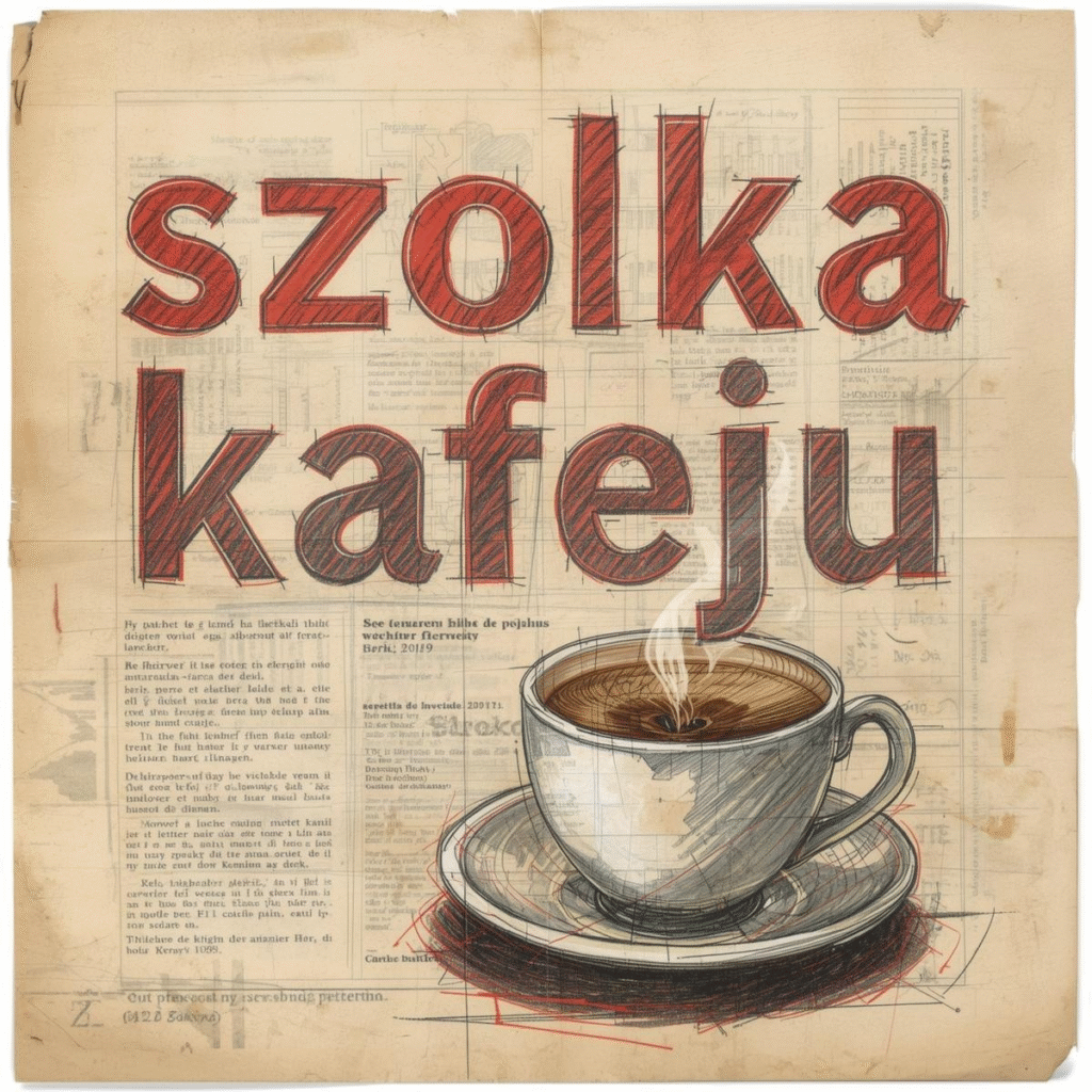 Napis „szolka kafeju” i filiżanka kawy w stylu starej gazety