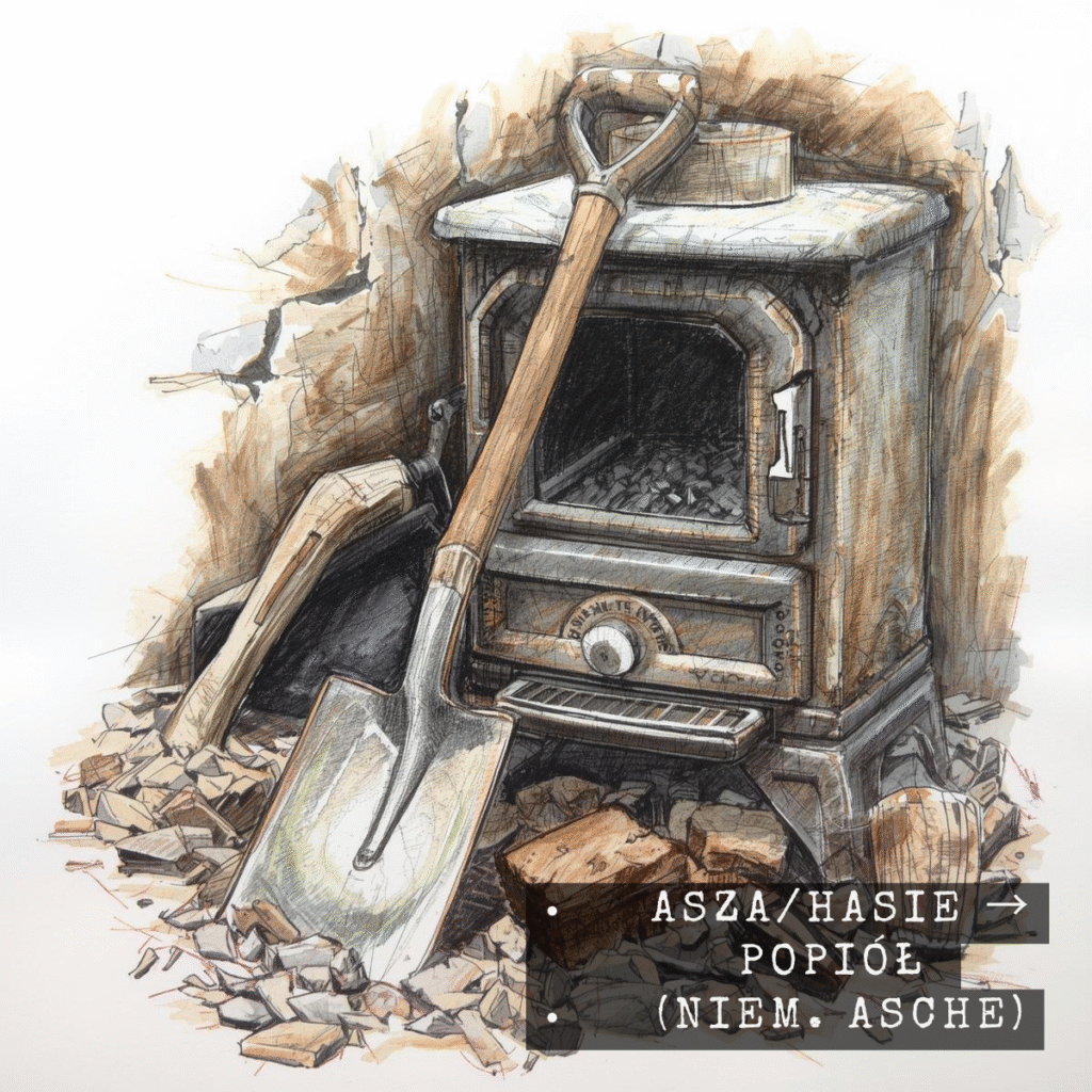 Piec z łopatą i popiołem; śląskie słowo „asza” lub „hasie” oznaczające popiół, pochodzące od niemieckiego „Asche”
