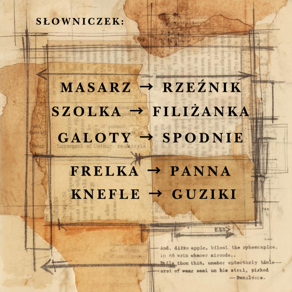 Słowniczek z 1877 roku: masarz → rzeźnik, szolka → filiżanka, galoty → spodnie, frelka → panna, knefle → guziki