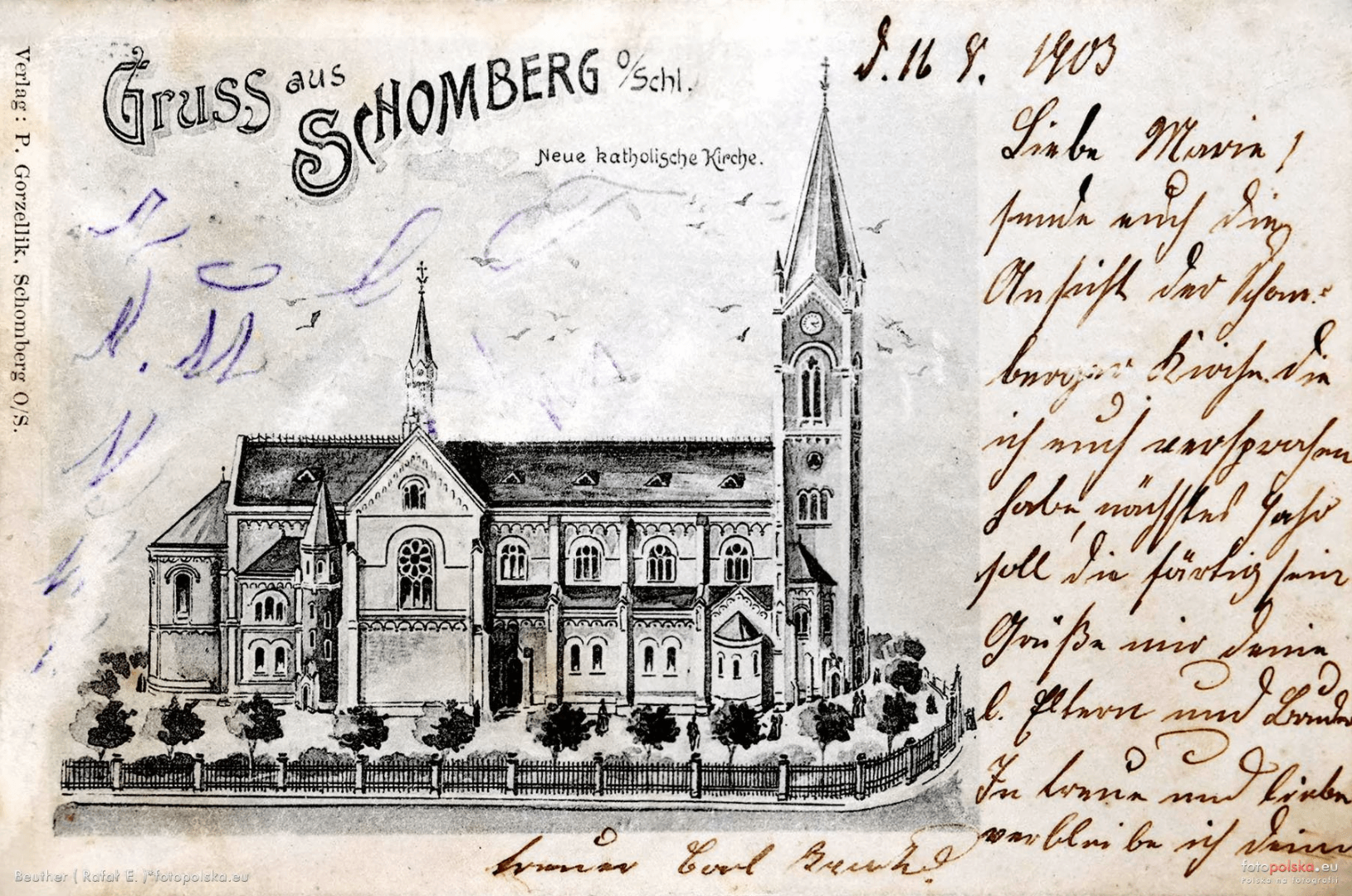 Projekt nowego kościoła w Szombierkach na pocztówce Gruss aus Schomberg z około 1903 roku.