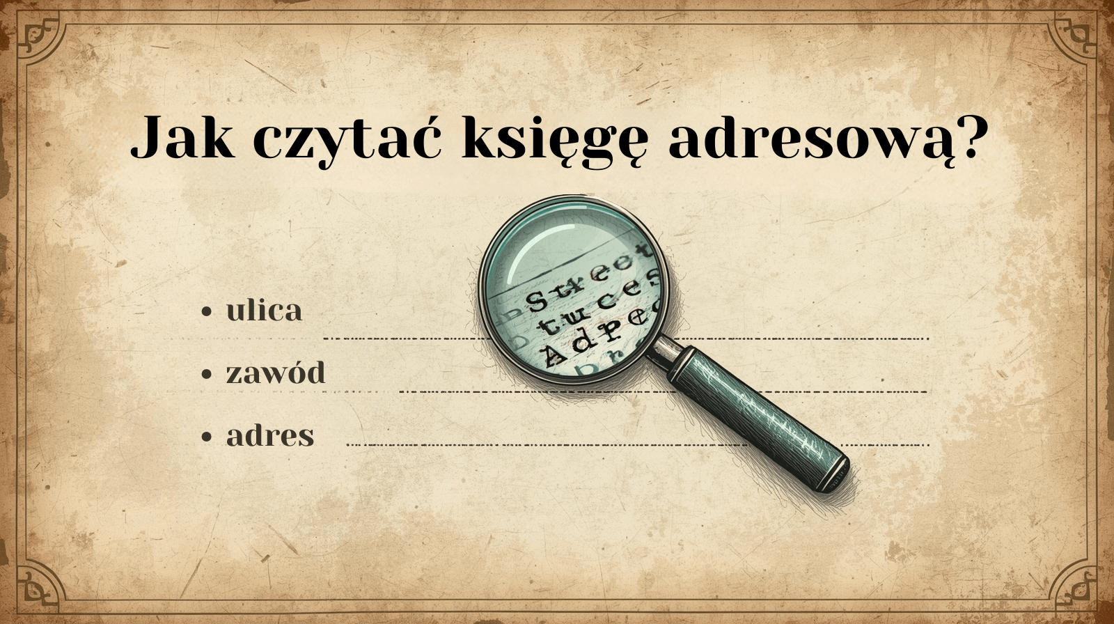 Infografika: jak czytać księgę adresową — ulica, zawód, adres