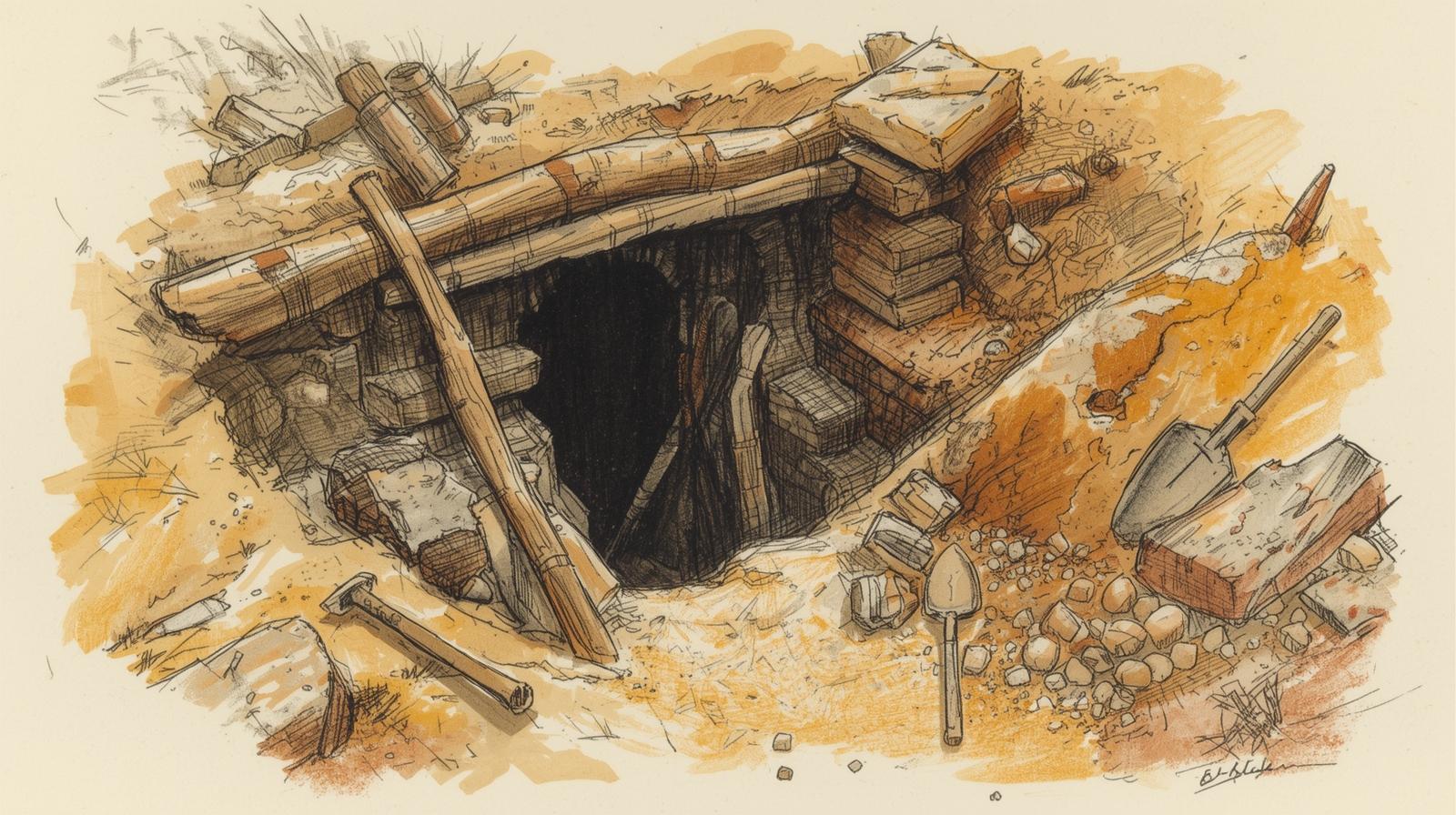 Symboliczna scena wydobycia węgla z epoki: niewielki szyb i narzędzia (grafika ilustracyjna)