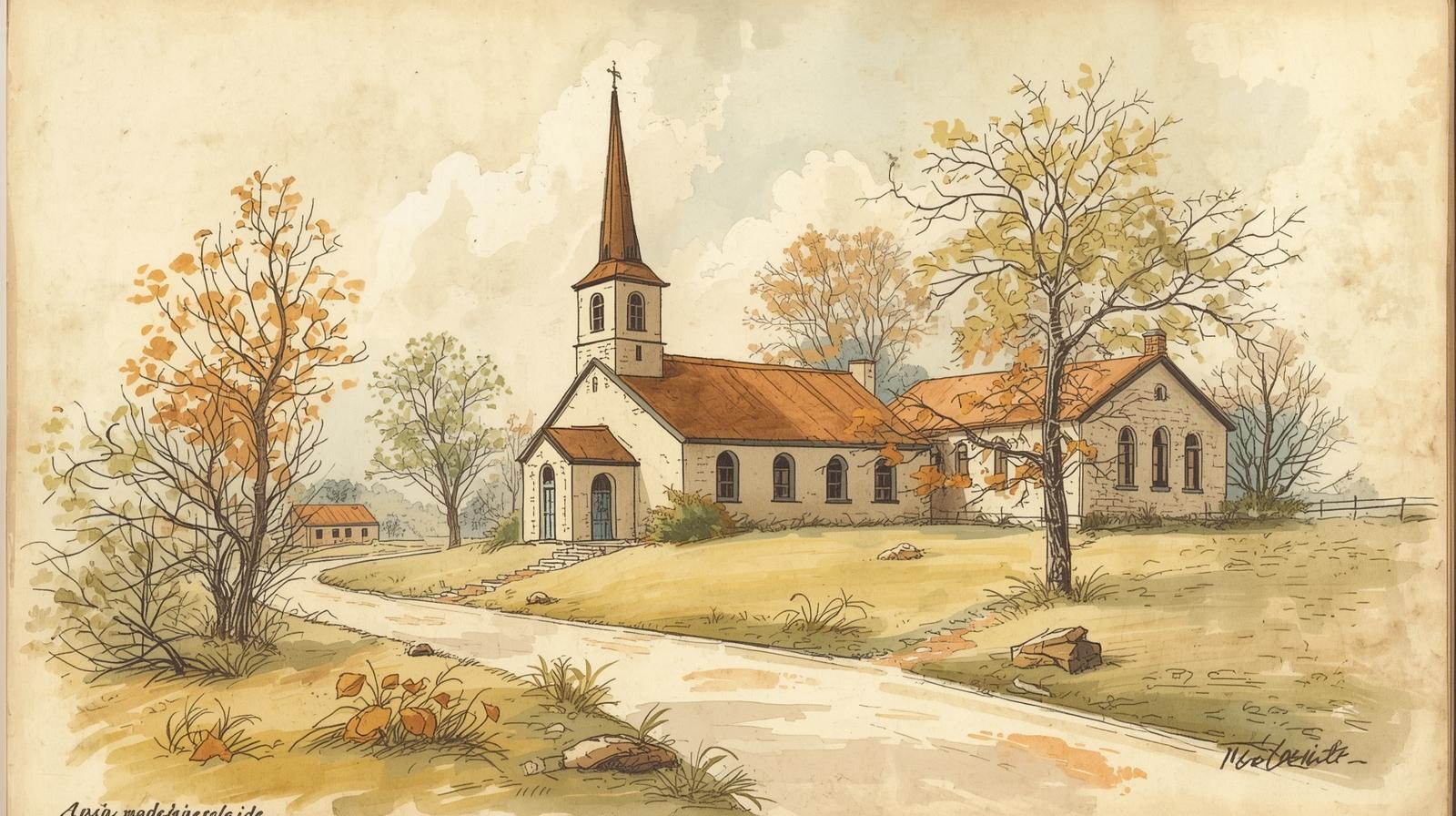 Mały kościół i budynek szkoły w krajobrazie wiejskim, styl XVIII wieku (ilustracja stylizowana).