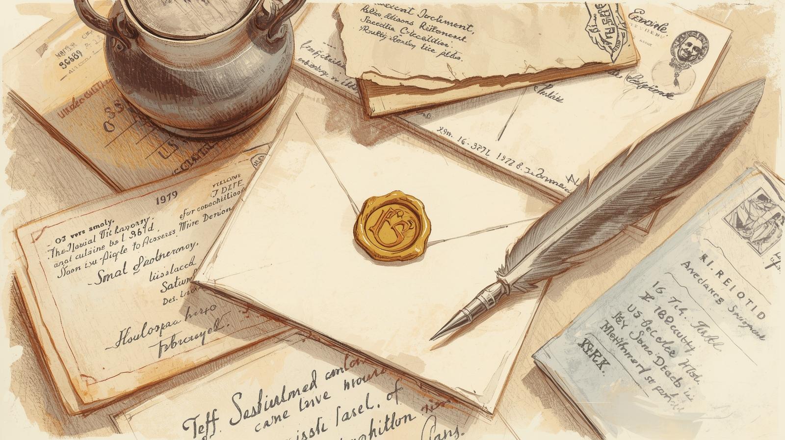 Archiwalny przerywnik: dokumenty, pióro i pieczęć woskowa (styl muzealny, grafika ilustracyjna)
