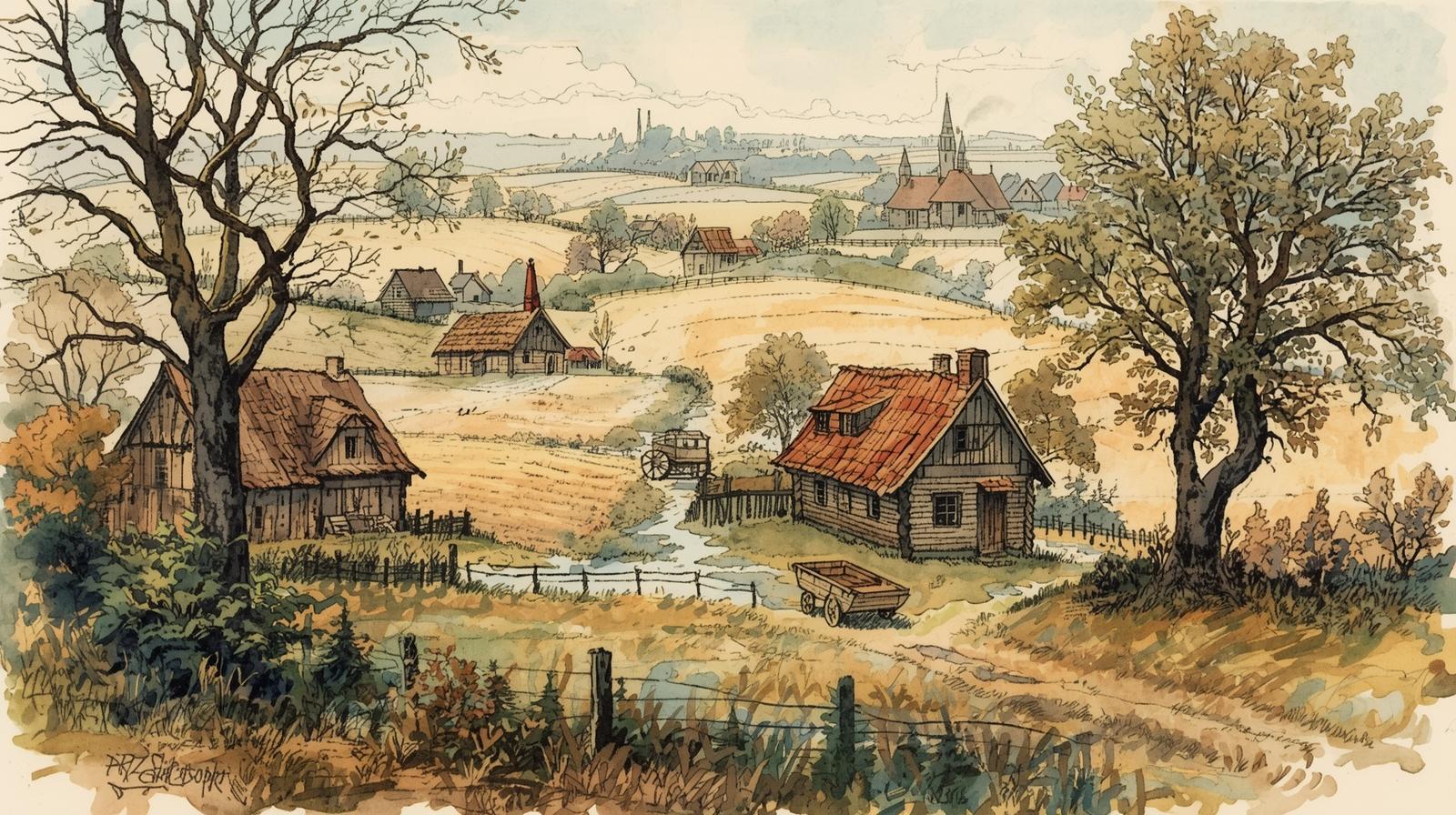 Spokojna wieś z epoki: drewniane chałupy, pola, wóz i drzewa (ilustracja stylizowana).