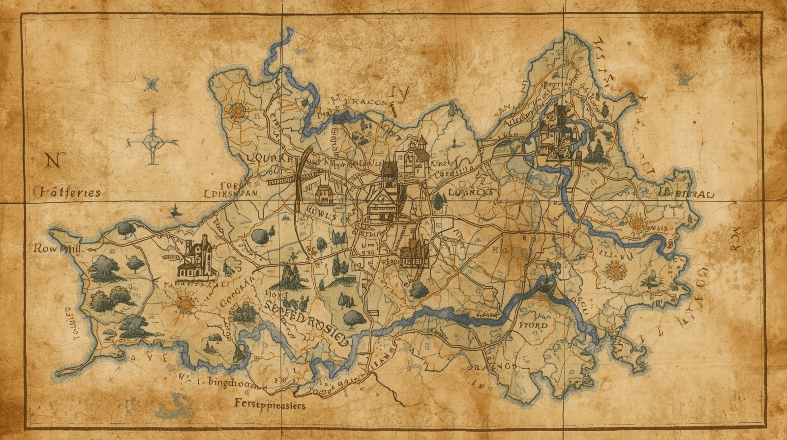 Symboliczna mapka – układ okręgu bytomskiego (styl XVIII w., grafika ilustracyjna)