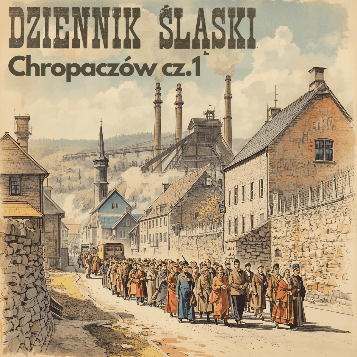 Kolorowy szkic procesji mieszkańców Chropaczowa idących ulicą w stronę kościoła, w tle huta i kopalniane szyby z dymiącymi kominami, w stylu starej ilustracji prasowej.