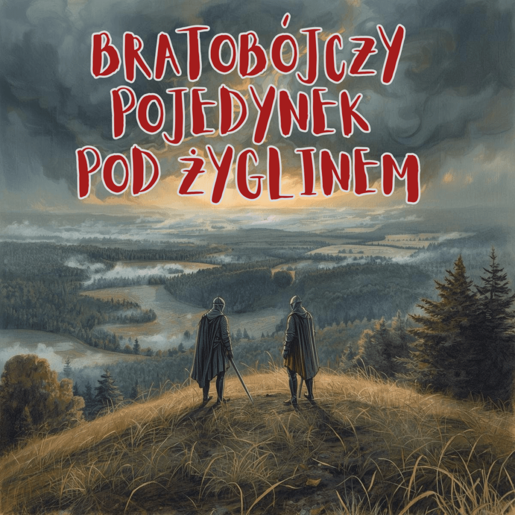 Ilustracja legendy o bratobójczym pojedynku pod Groß Zyglin (Żyglin) na tle śląskiego krajobrazu.