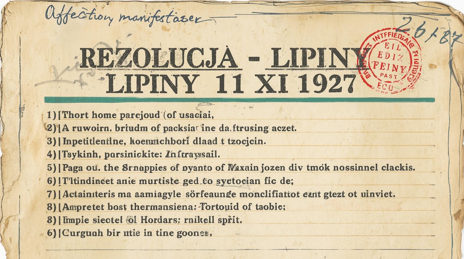 Lipiny, 1927: rezolucja załogi — postulaty płacowe i spór o instytucje ubezpieczeń oraz opiekę zdrowotną (grafika poglądowa)