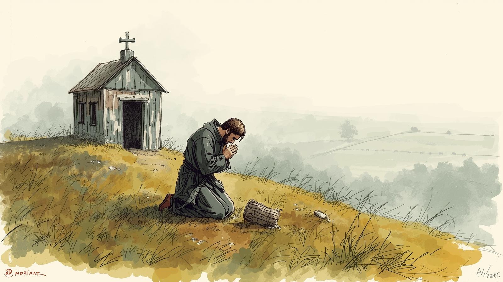 Ilustracja legendy: pokutnik modlący się przy drewnianej kaplicy na wzgórzu, poranna mgła nad polami.