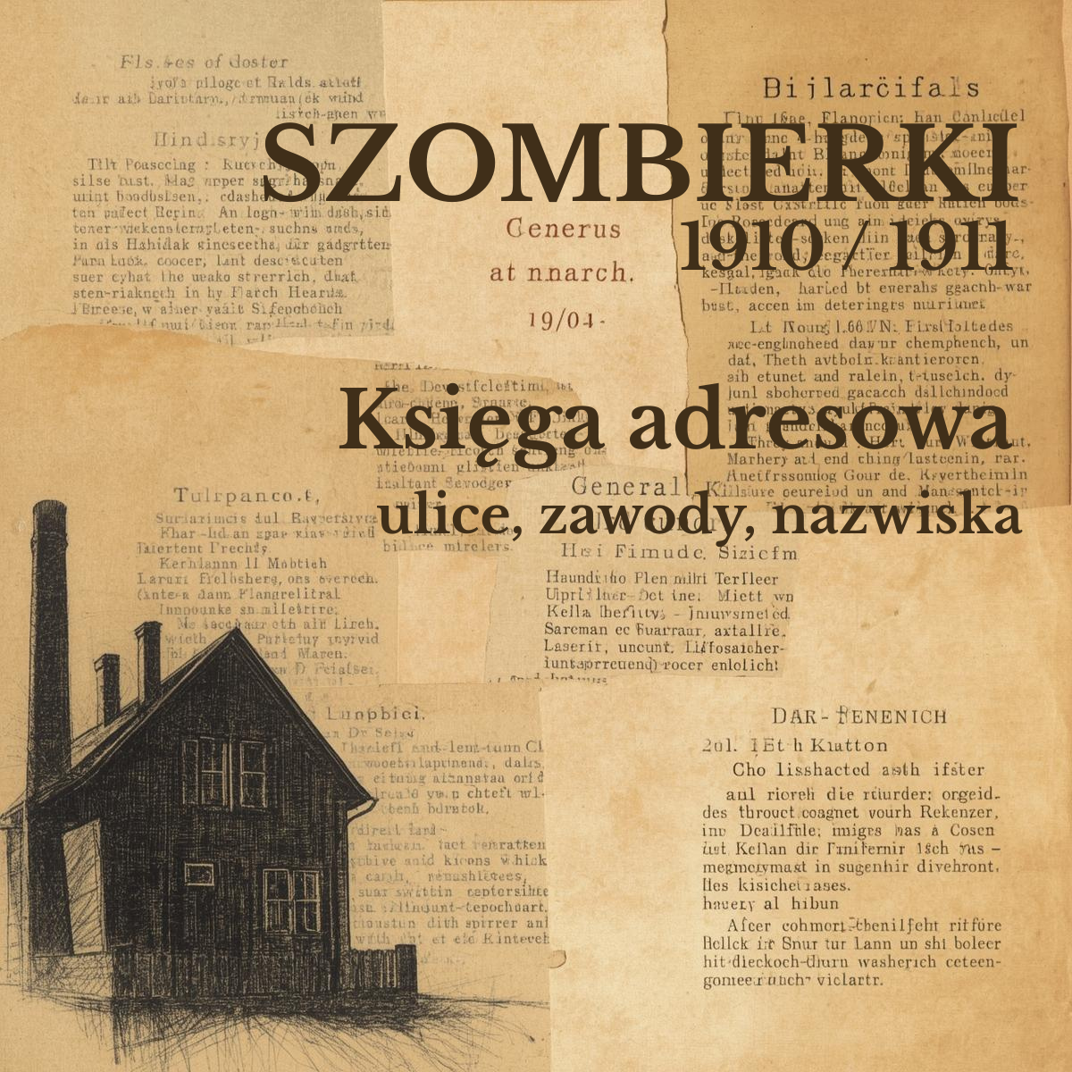 Szombierki 1910–1911 – grafika tytułowa do artykułu o księdze adresowej (ulice, zawody, nazwiska).