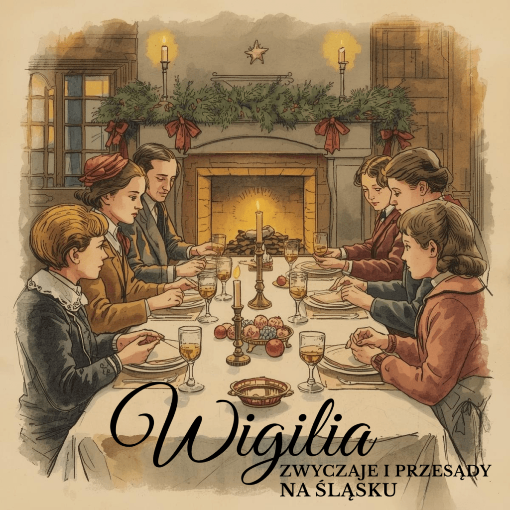 Rodzina przy wigilijnym stole w świetle świec i ognia, ilustracja w stylu retro