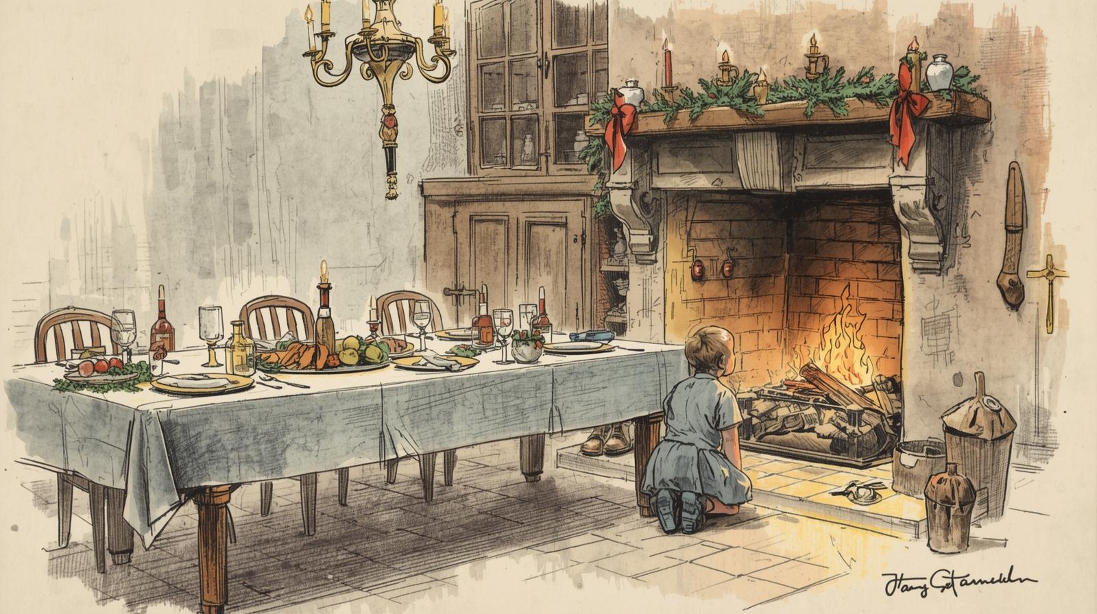 Stół wigilijny naprzeciw ogniska, dziecko przy ogniu – ilustracja retro