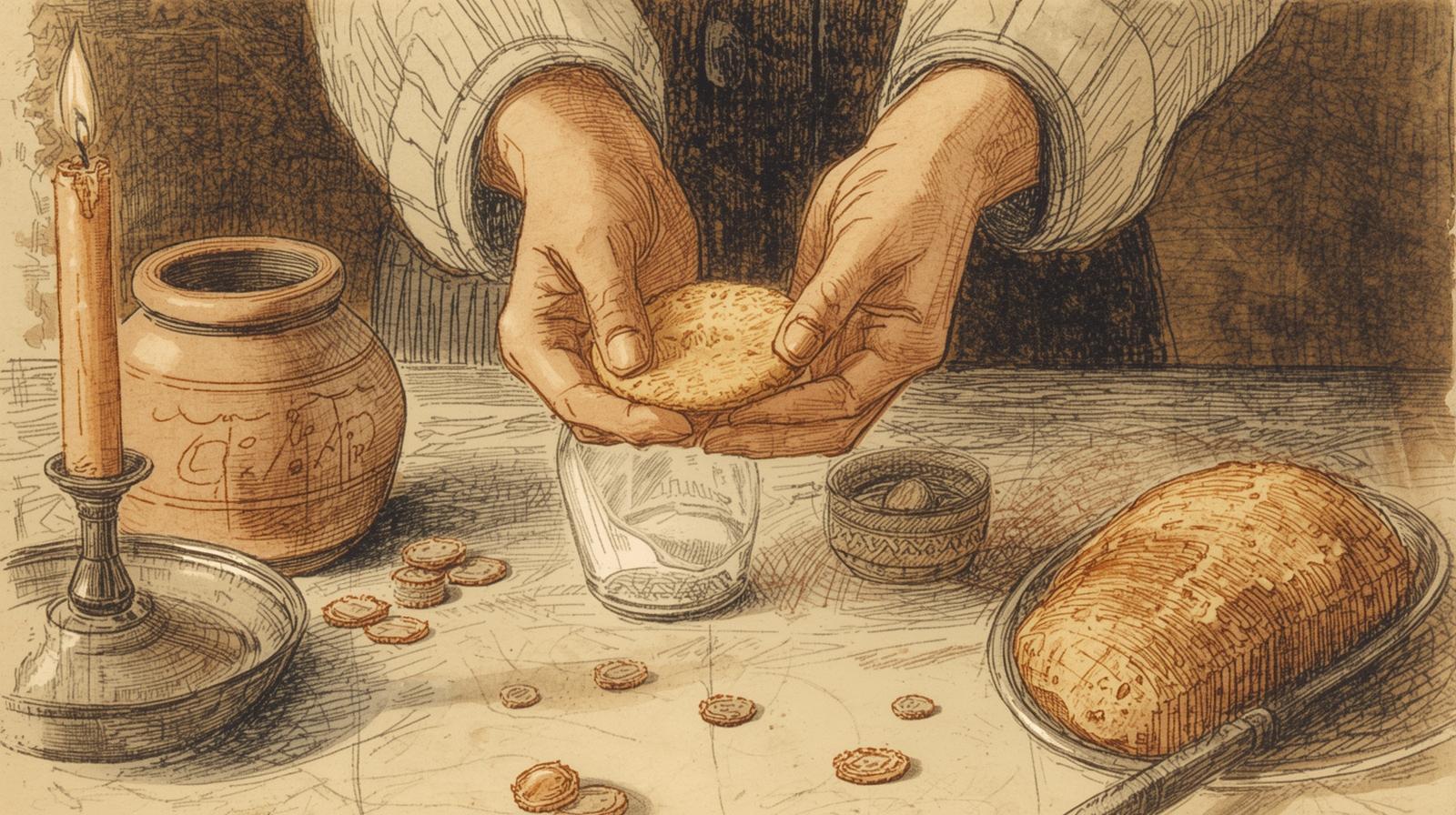 Opłatek w dłoniach nad wigilijnym stołem, świeca i chleb – ilustracja retro