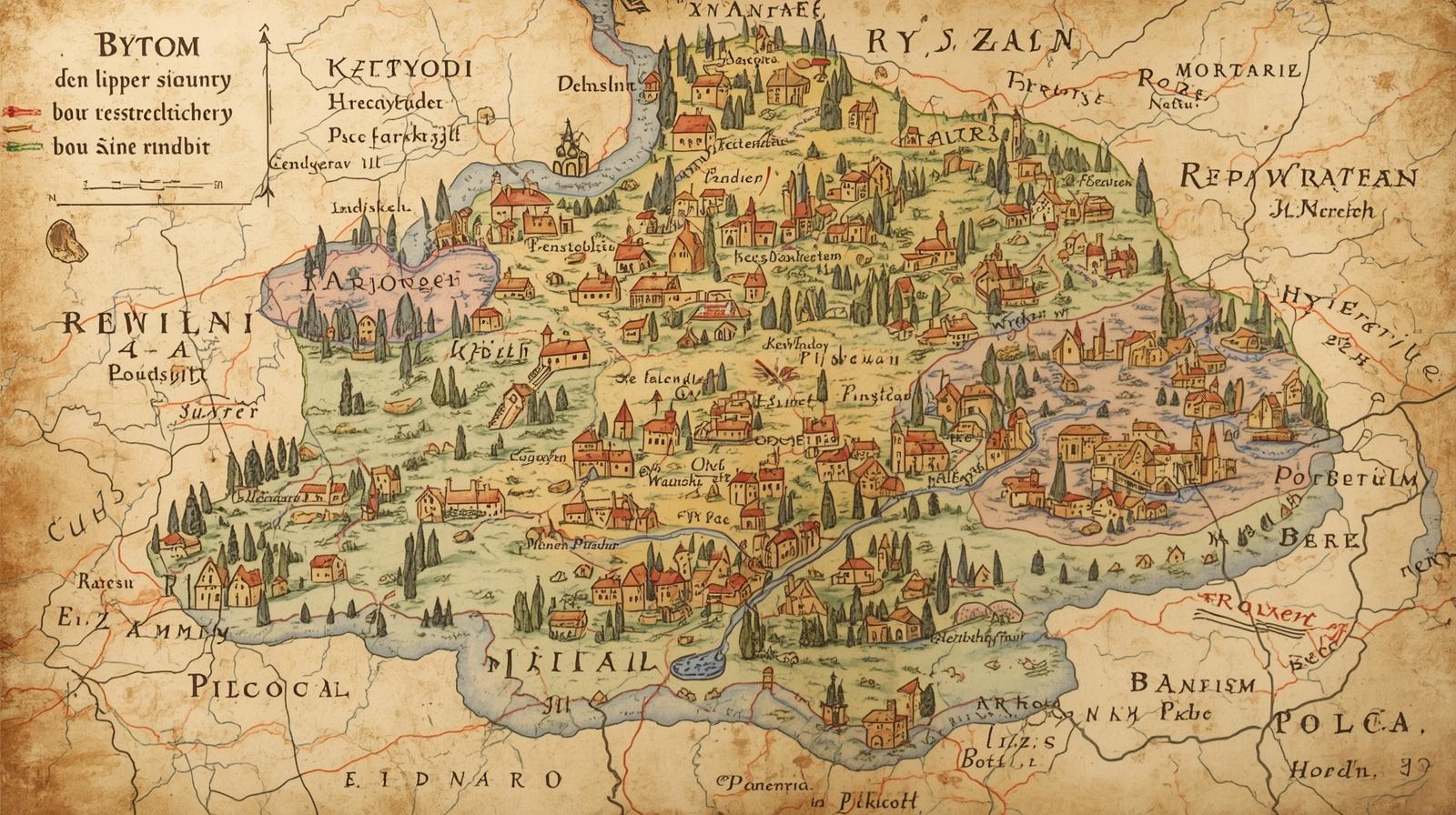Historyczna mapa okolic Bytomia – zasięg parafii Wniebowzięcia NMP w XVII wieku