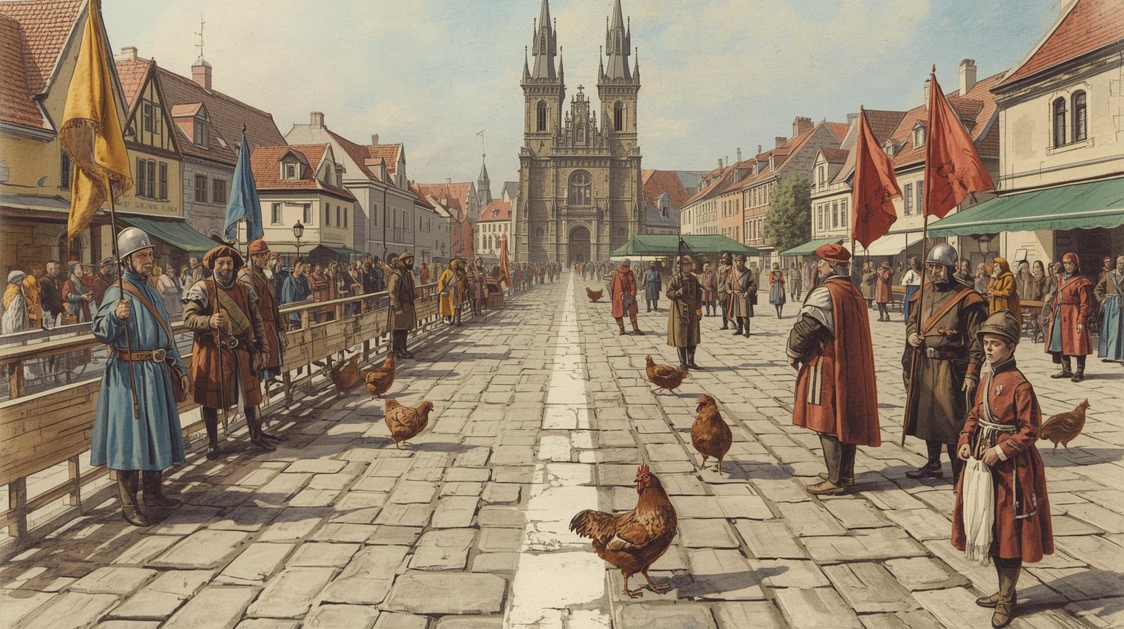 Średniowieczny rynek w Bytomiu podzielony barierą i linią na dwie części z flagami księstw oleśnickiego i cieszyńskiego.