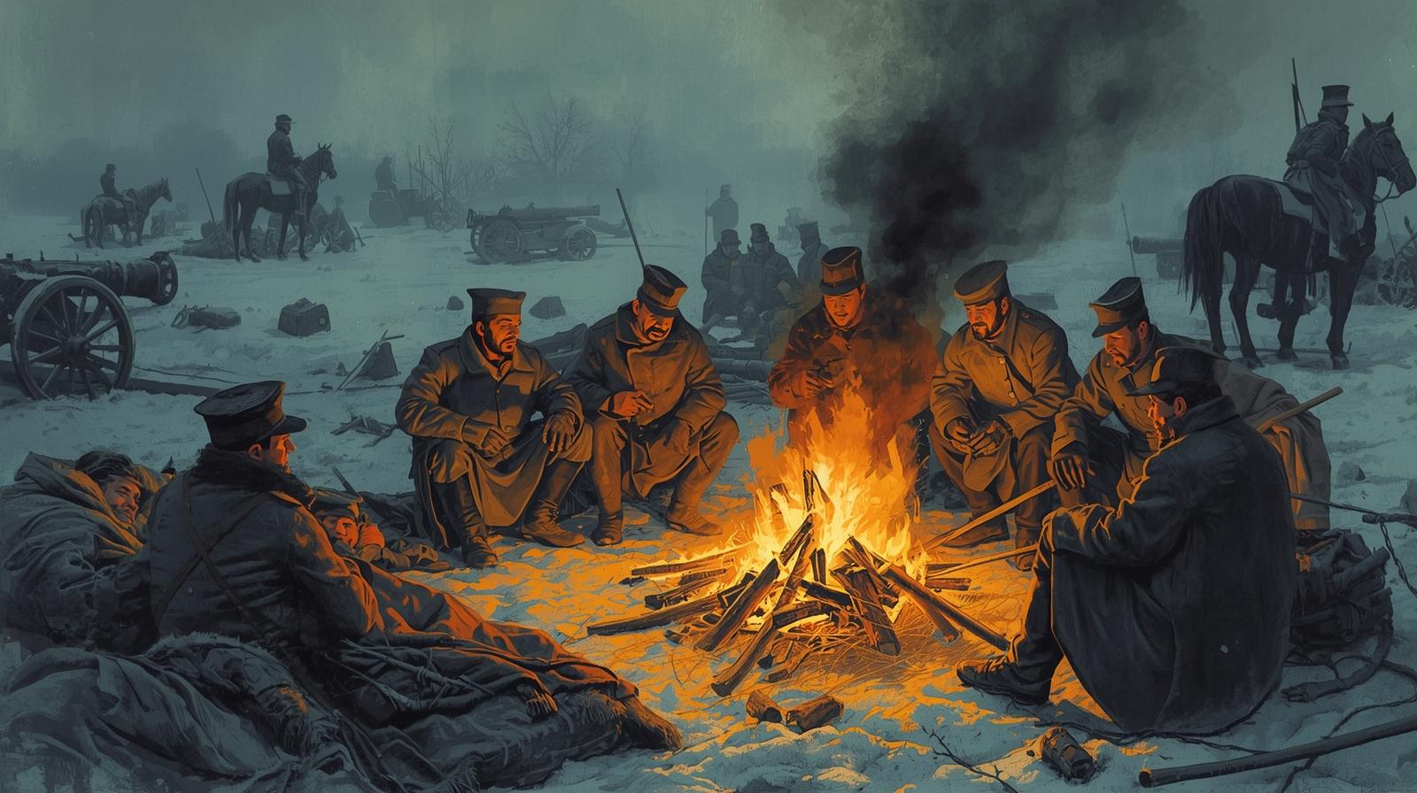Rosyjscy żołnierze rozbrojeni przez Prusaków na biwaku pod Katowicami in 1863 roku.