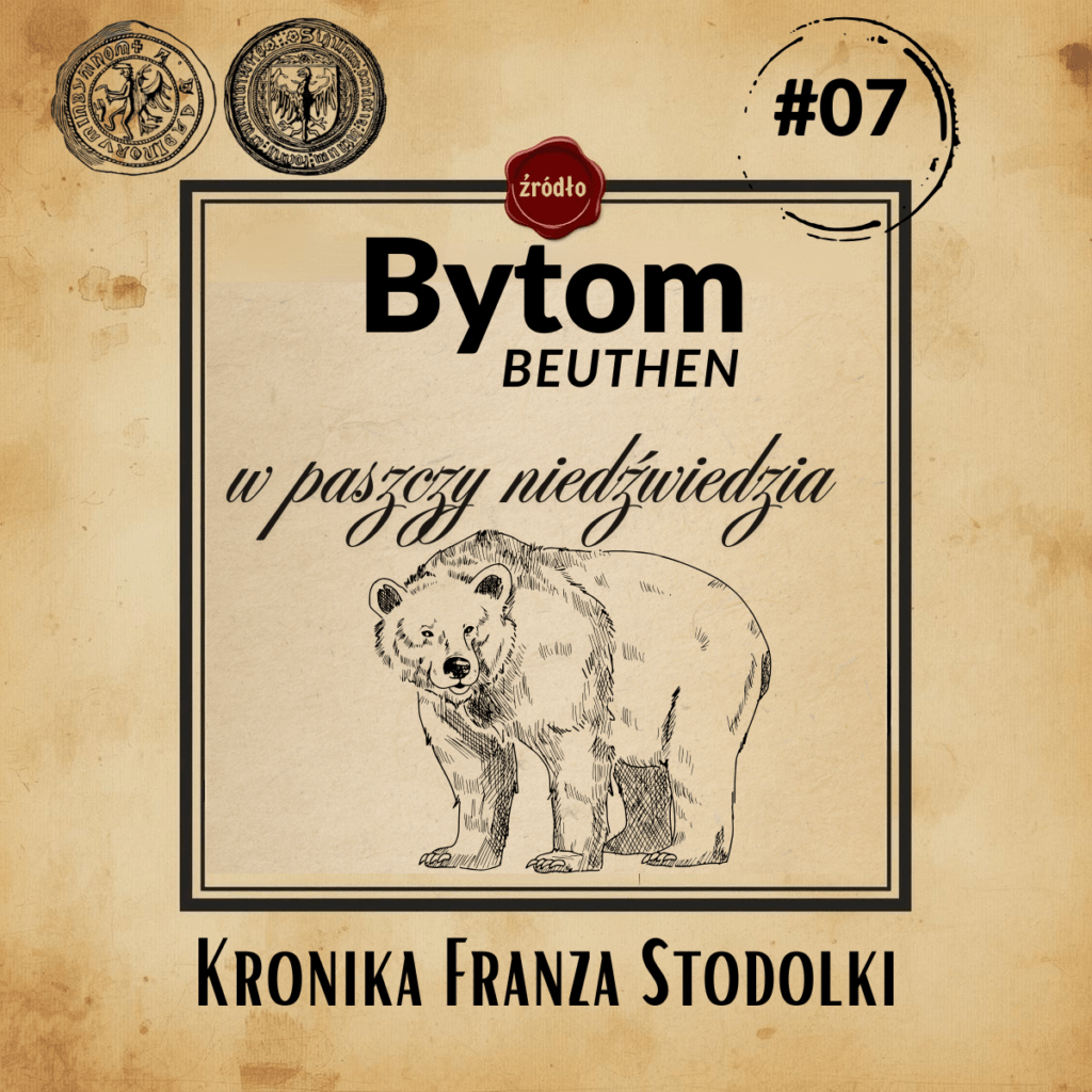 Stylizowana na zabytkowy dokument grafika tytułowa artykułu "Bytom w paszczy niedźwiedzia" ze szkicem niedźwiedzia i pieczęciami.