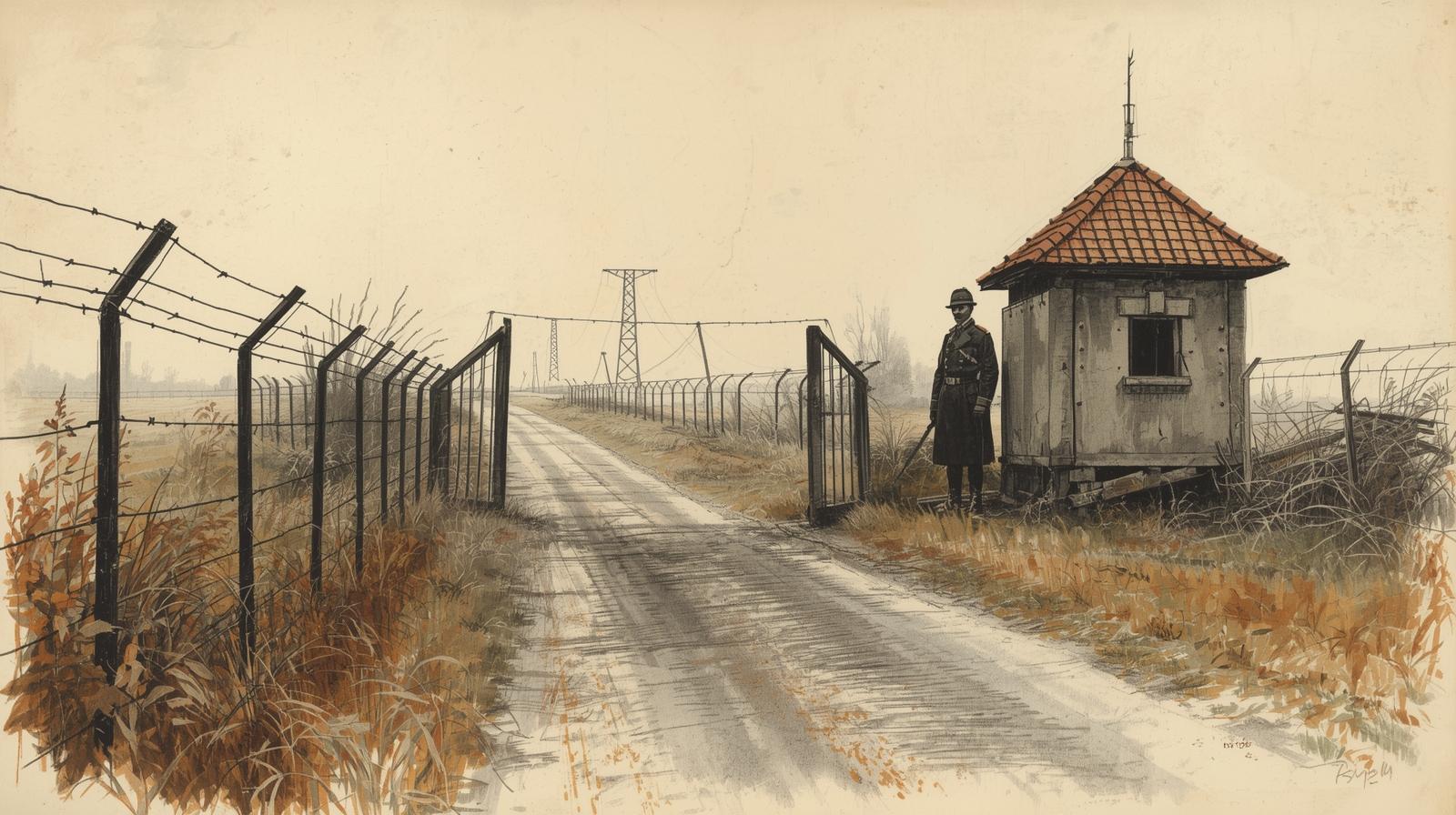 Niemiecka budka strażnicza i szlaban na granicy pod Bytomiem po 1922 roku; drut kolczasty i zasieki.