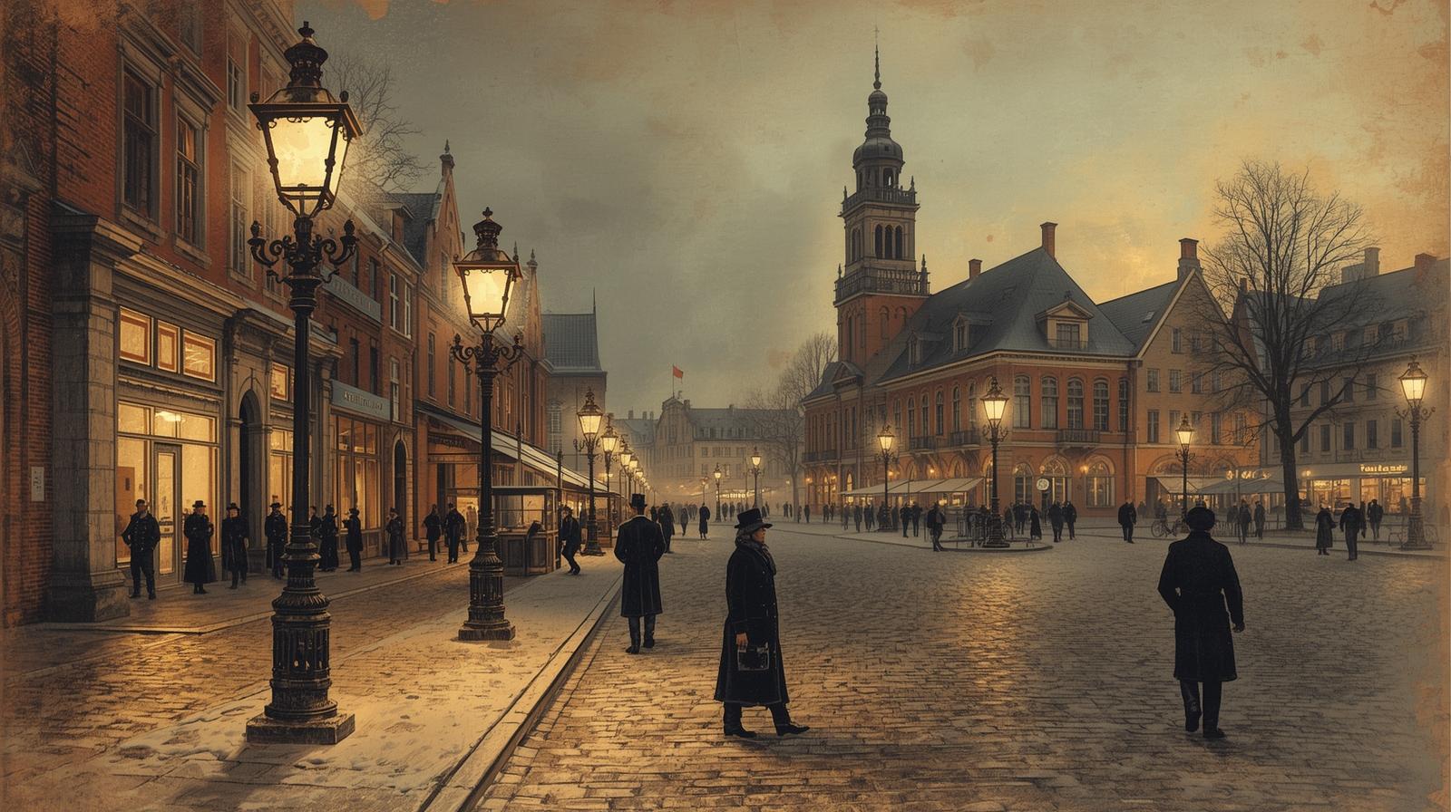 Rynek w Bytomiu o zmierzchu w 1862 roku z widocznymi pierwszymi latarniami gazowymi.