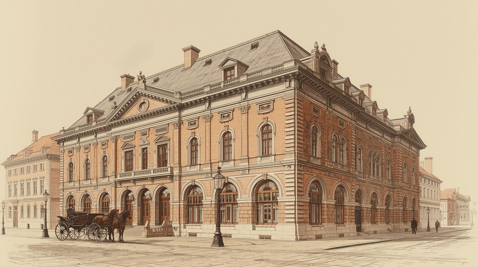 Monumentalny gmach Sądu Powiatowego (Kreisgericht) w Bytomiu (Beuthen) w 1862 roku.