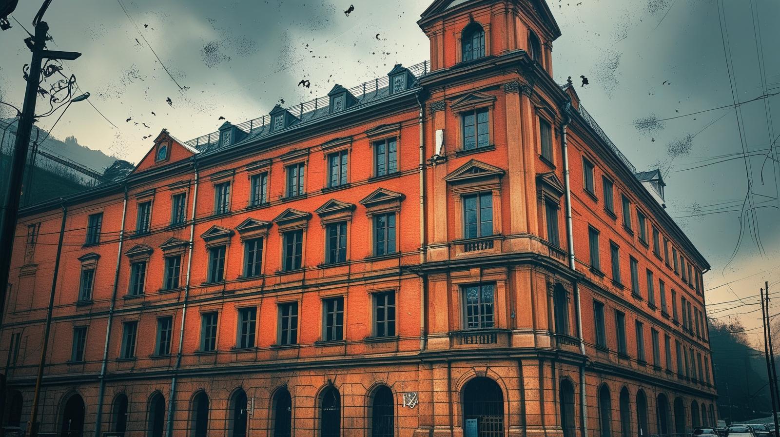 Neorenesansowy budynek sądu i więzienia w Bytomiu (Beuthen) wykonany z czerwonej cegły, stylistyka lat 30.