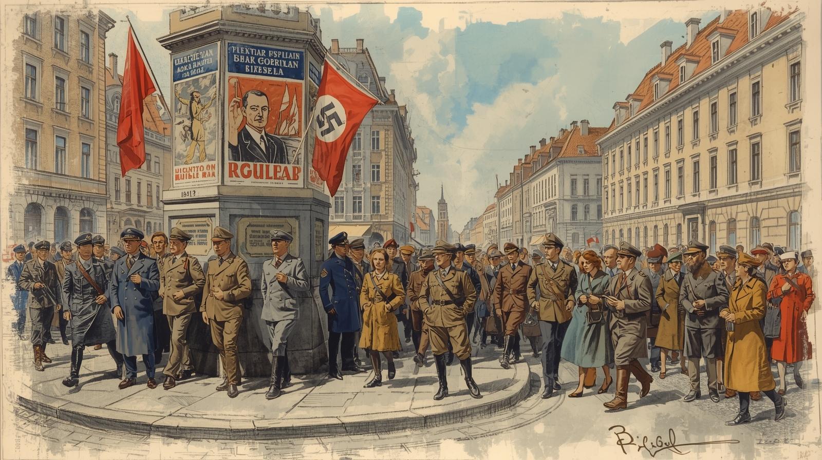 Ulica w Bytomiu w 1932 roku; mężczyźni w mundurach SA przy słupie ogłoszeniowym z plakatami wyborczymi.