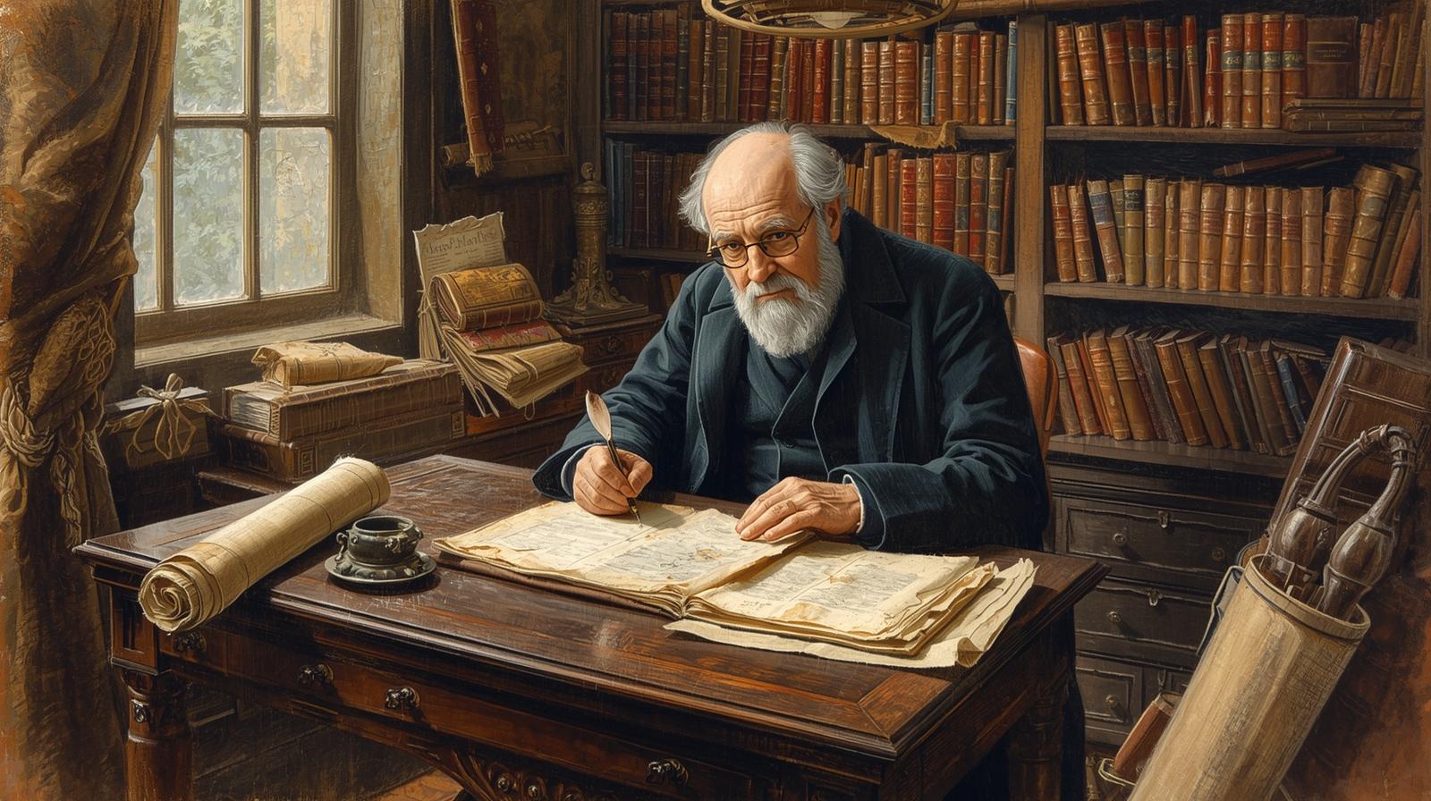 Franz Gramer, autor pierwszej kroniki Bytomia, przy biurku pełnym rękopisów.