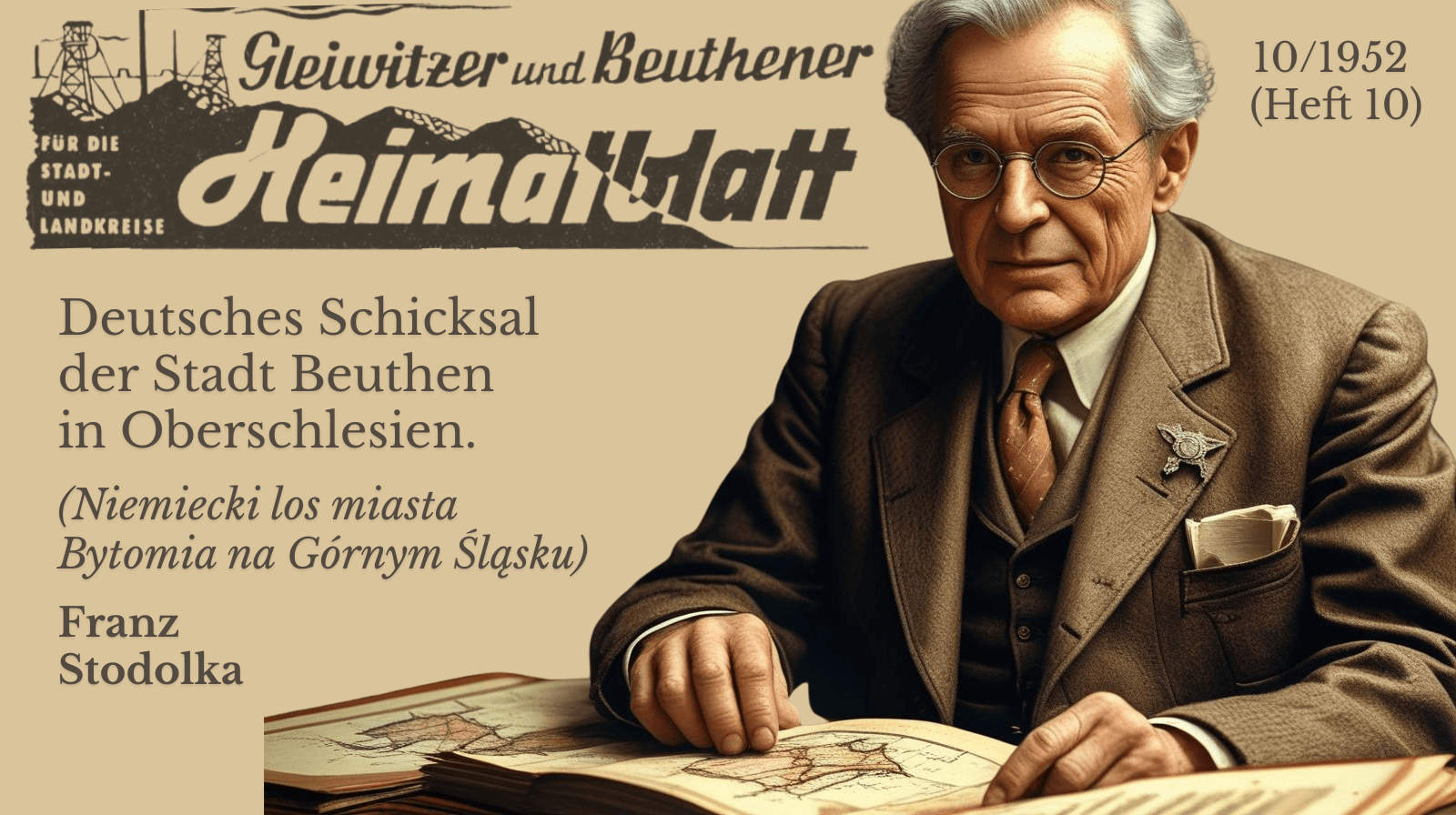 Grafika okładkowa serii: nagłówek „Gleiwitzer und Beuthener Heimatblatt”, podpis „Franz Stodolka”, tytuł „Deutsches Schicksal der Stadt Beuthen in Oberschlesien”, w prawym górnym rogu „10/1952 (Heft 10)” oraz portret w szkicowej stylistyce.