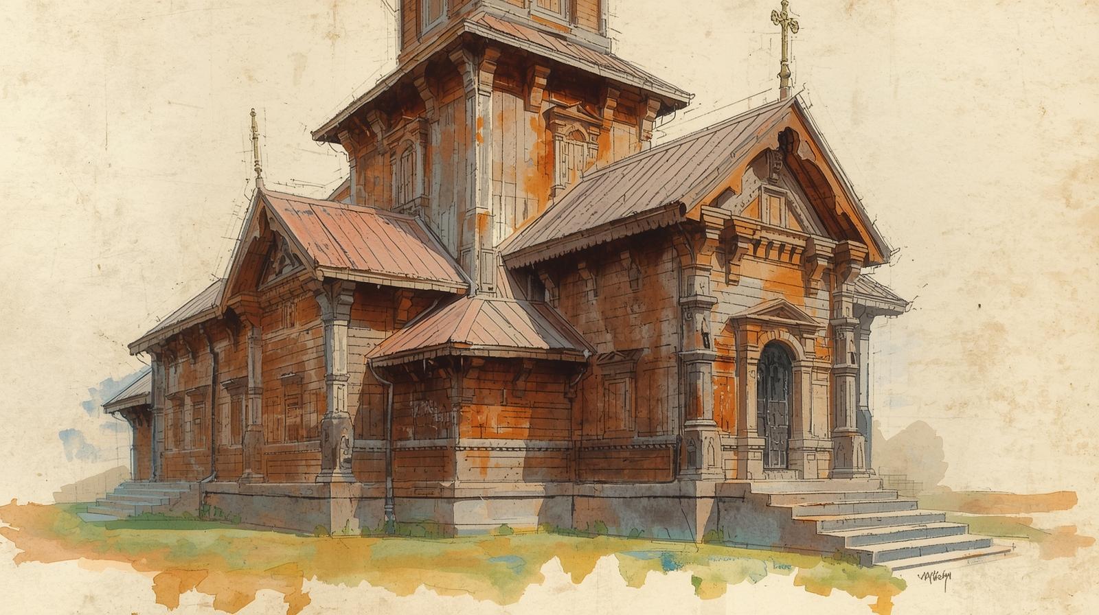 Szkic kościoła drewnianego