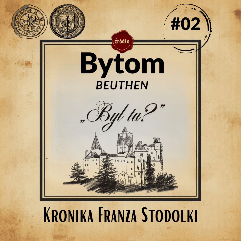 Stylizowana okładka artykułu o historii Bytomia z napisem „Byl tu?”, szkicem zamku i pieczęciami miejskimi.