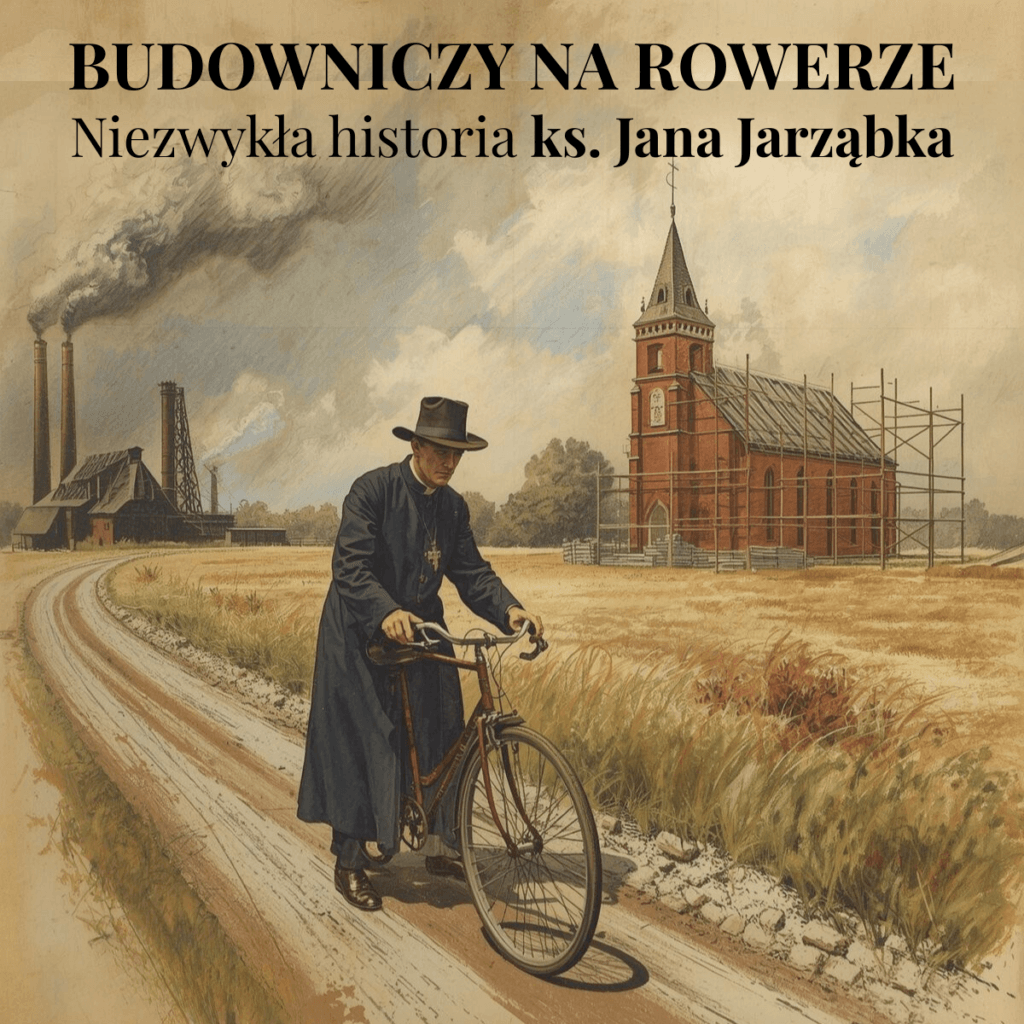 Ksiądz w sutannie prowadzi rower na tle kopalni i budowy kościoła, styl vintage.