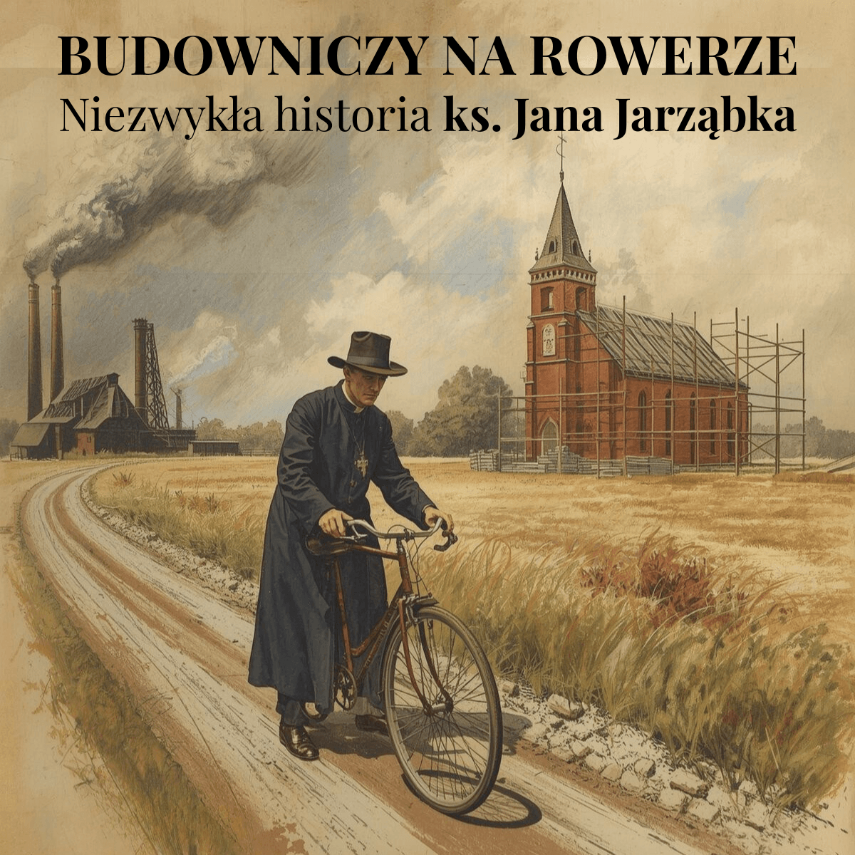 Ksiądz w sutannie prowadzi rower na tle kopalni i budowy kościoła, styl vintage.