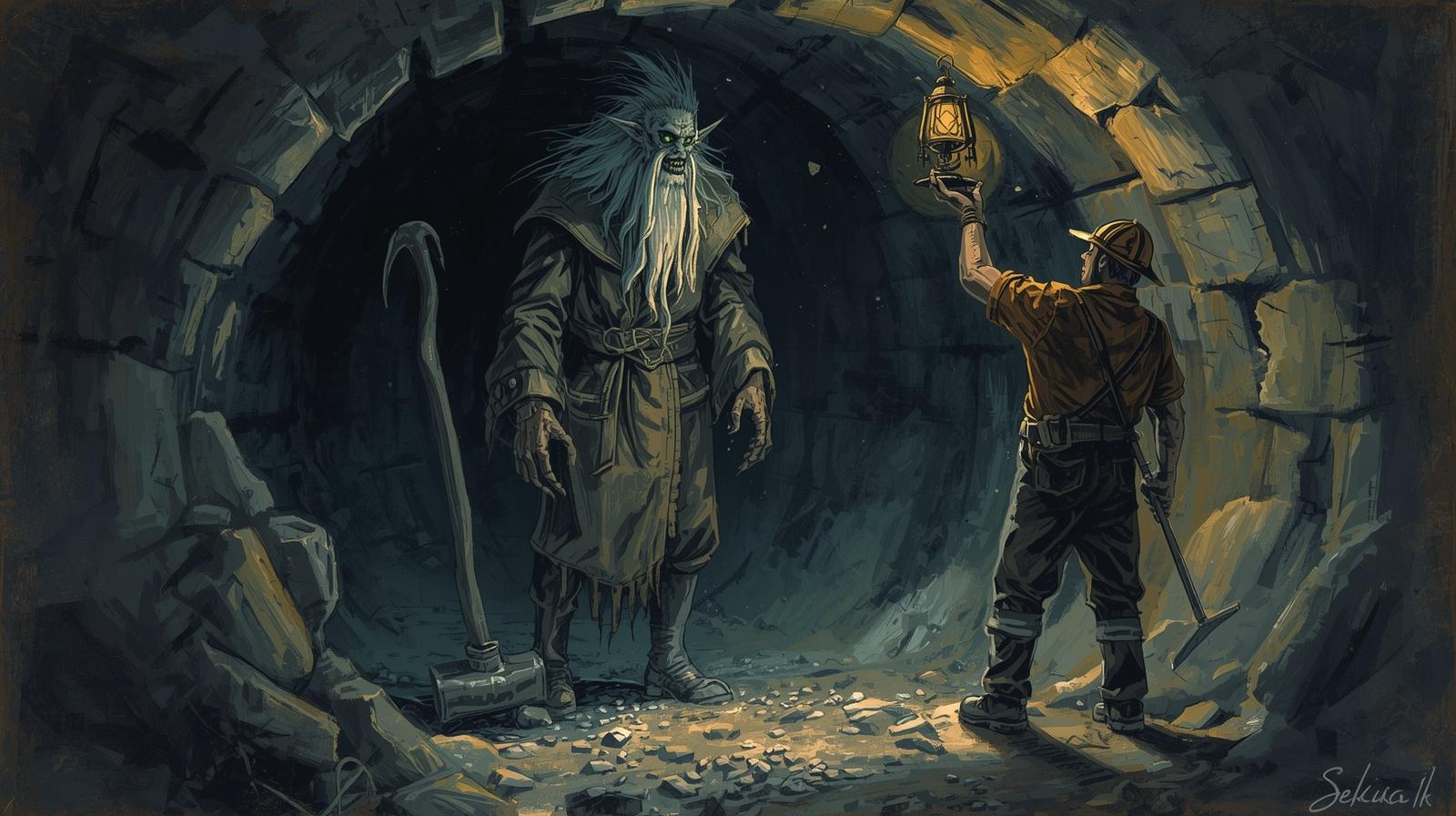 Duch kopalni Skarbnik w ciemnym chodniku