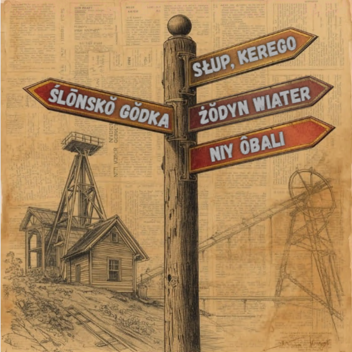 Ilustracja: drewniany słup z czerwonymi drogowskazami i napisem „Ślōnskŏ gŏdka”, na tle pożółkłej gazety i szkiców industrialnych