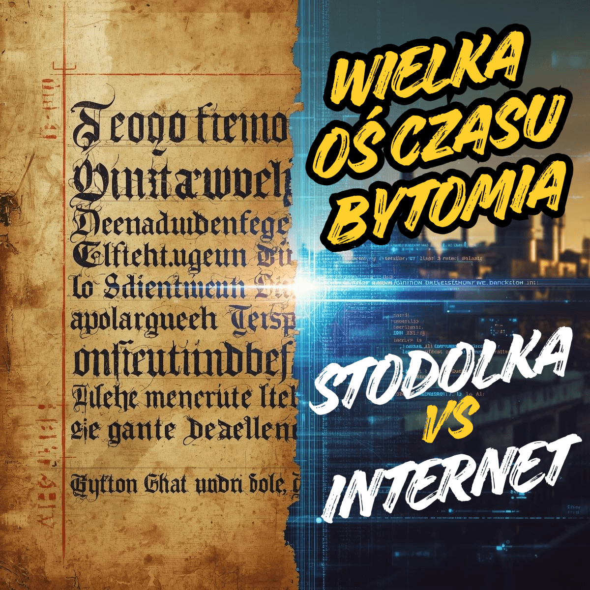 Grafika koncepcyjna przedstawiająca zderzenie starej, papierowej kroniki Franza Stodolki z cyfrowym interfejsem kalendarium TMB na tle historycznej panoramy Bytomia.