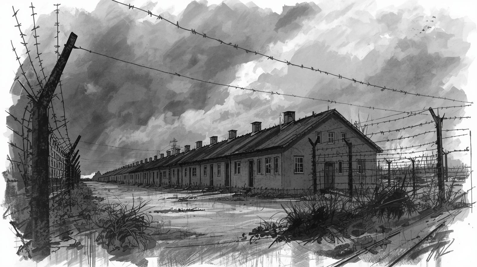 KL Gusen – baraki i druty kolczaste (ilustracja)