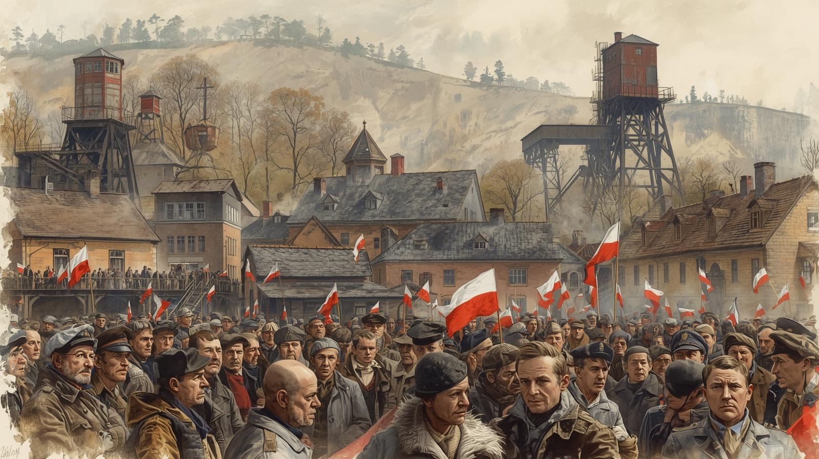 Powstania śląskie i plebiscyt – tłum z polskimi flagami na tle kopalni (ilustracja)