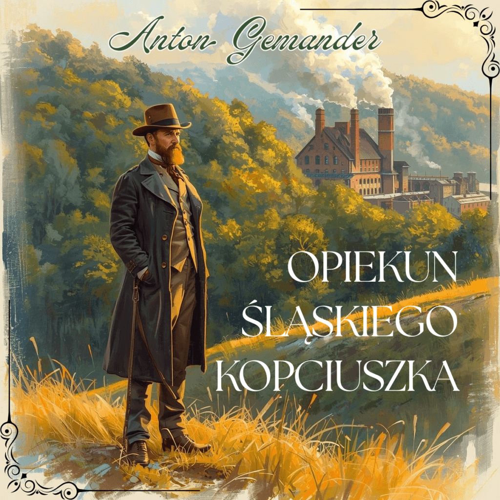 Ilustracja przedstawiająca Antona Gemandera na tle górnośląskiej fabryki i lasu z napisem Opiekun Śląskiego Kopciuszka.