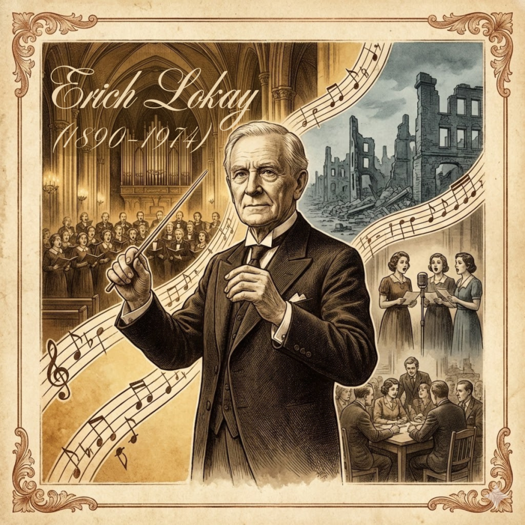 Infografika historyczna przedstawiająca chórmistrza Ericha Lokaya z batutą na tle kościoła Mariackiego w Bytomiu przed 1945 rokiem oraz zrujnowanego Berlina, gdzie przebywał na wygnaniu.