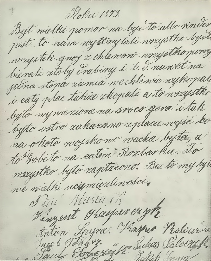 Odręczny list członków Gromady Rozbarskiej z 1873 roku